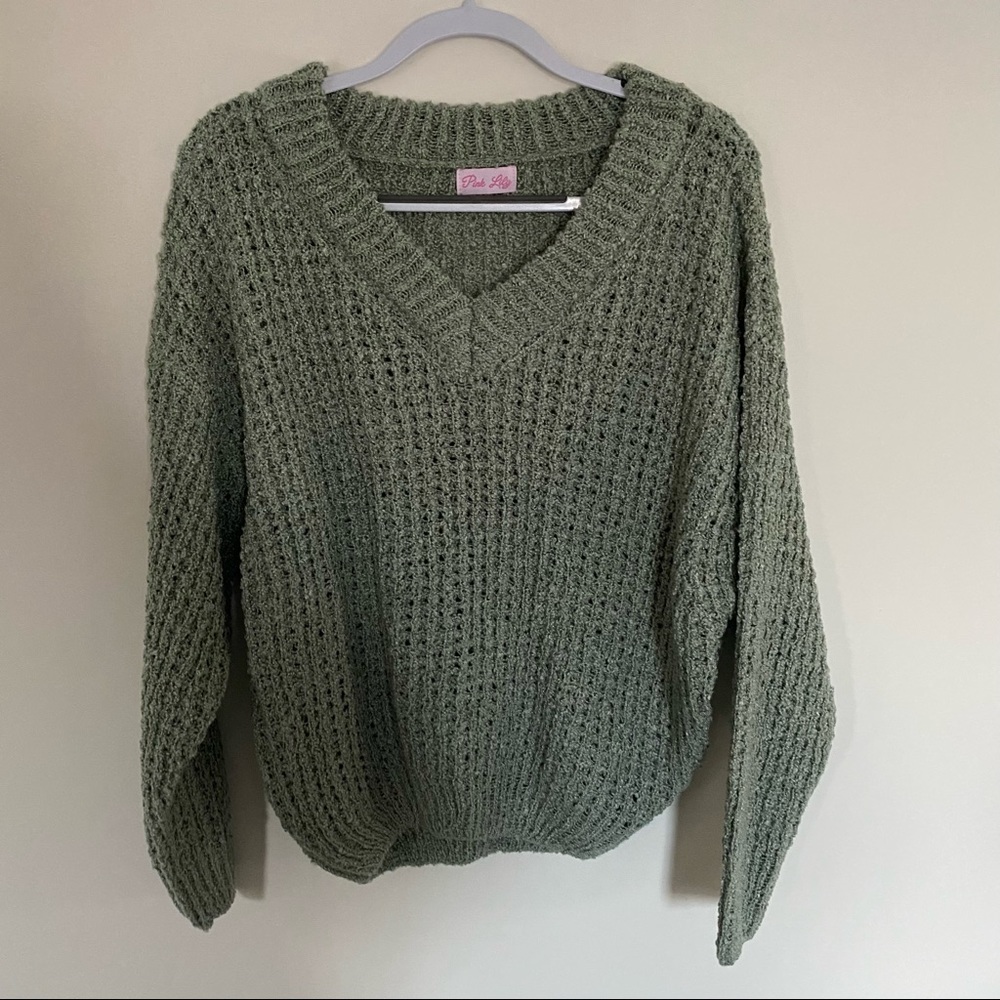 Pink Lily Do Anything For Me Waffle Knit Sweater Sage